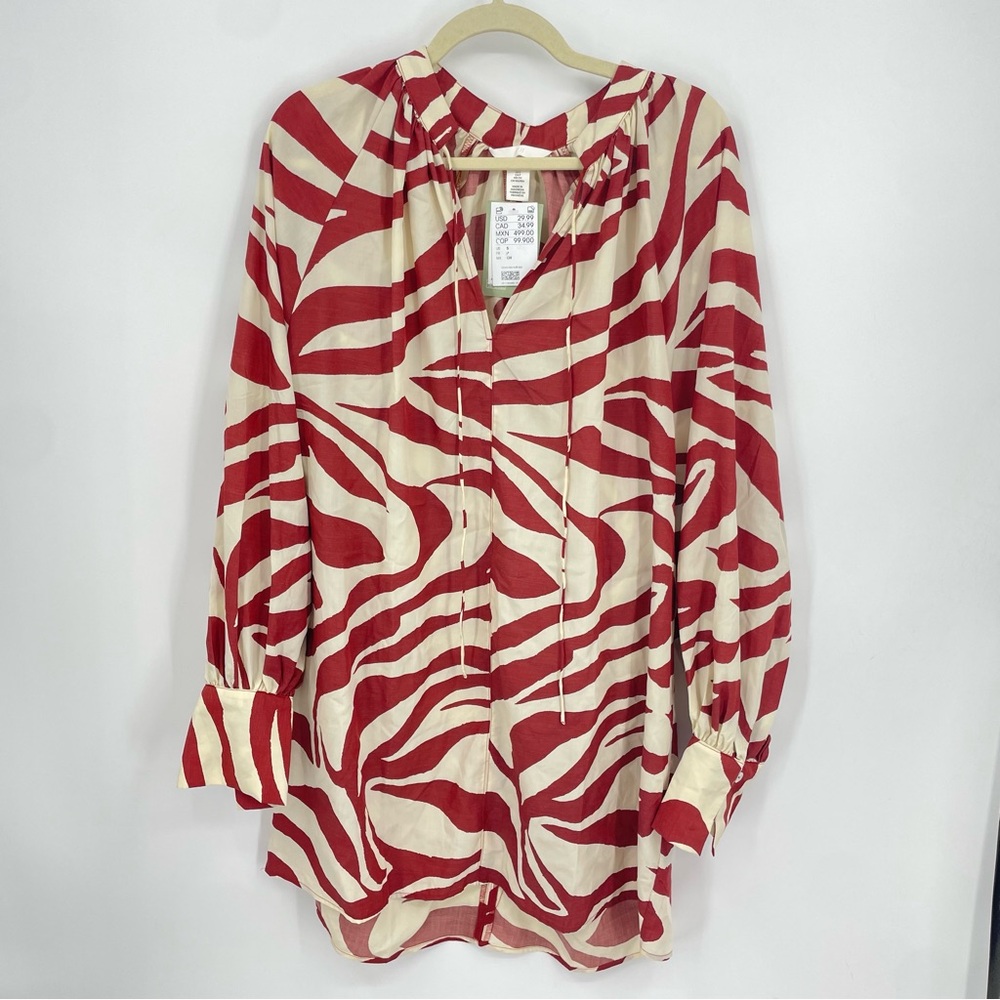 H&M Cream and Red V-Neck Mini Dress with Bishop Sleeves